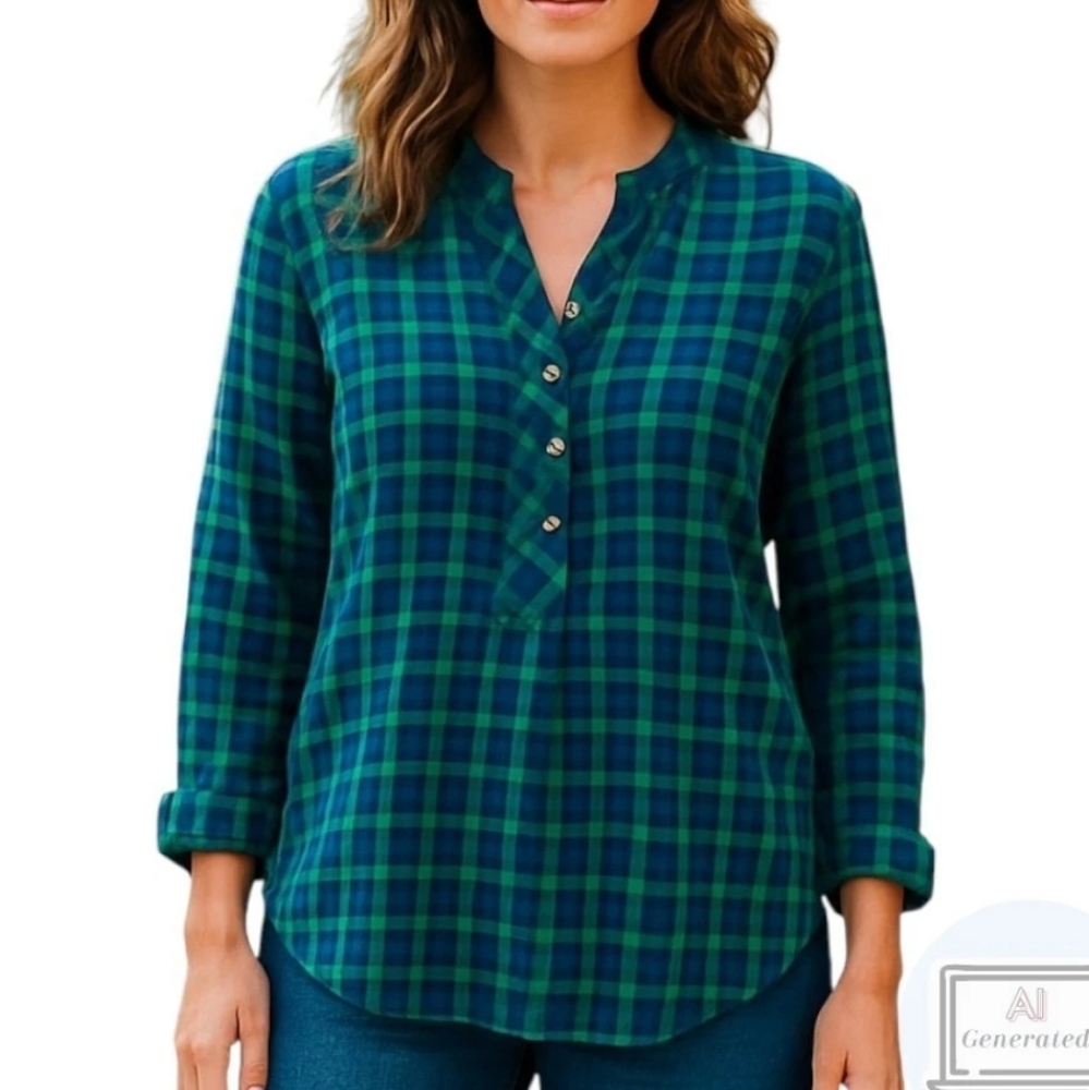Talbots Women's Shirt Green Blue Plaid Popover Tunic Long Slv Henley PP (0-2)